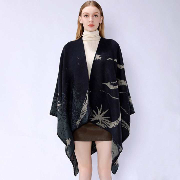 Damen Überschnittenes Jacquard‑Wickelcape aus feinem Strick mit asymmetrischem Saum Drune