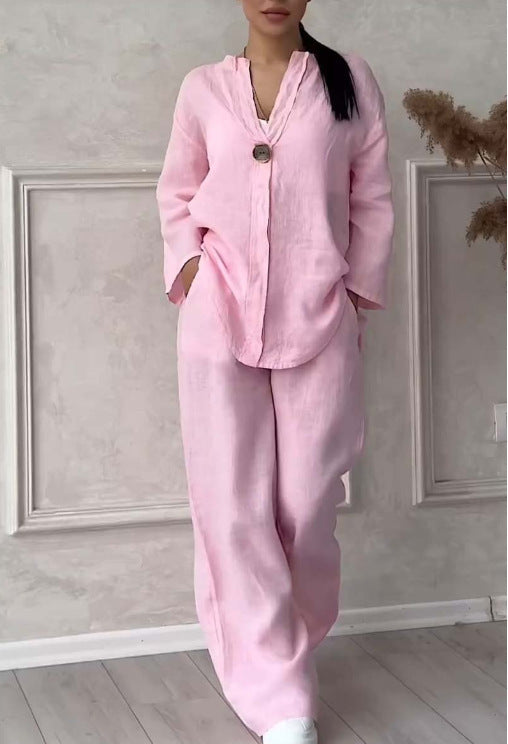 Damen nan lässiges Leinen-Relax-Set mit weiter Hose und Hemdbluse Drune