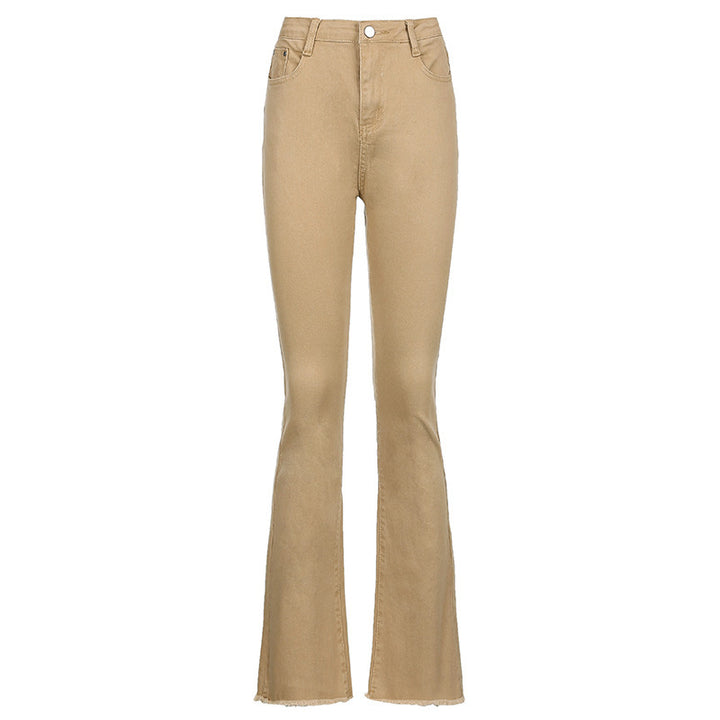 Damen klassische Bootcut-Jeans mit fransigem Saum und hohem Bund Drune