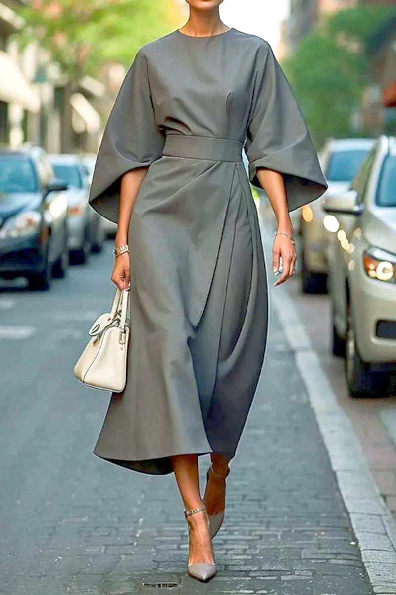 Damen Maxikleid mit voluminösen Ärmeln und schickem Gürtel Drune