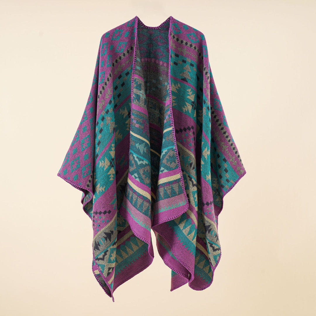 Damen Oversize Strickponcho mit Ethno-Geometrischem Muster Drune