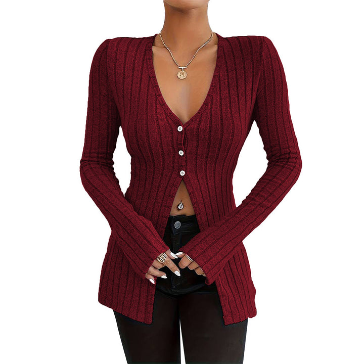 Damen gerippter V-Ausschnitt-Cardigan mit Knopfleiste taillierter Longline-Silhouette Drune