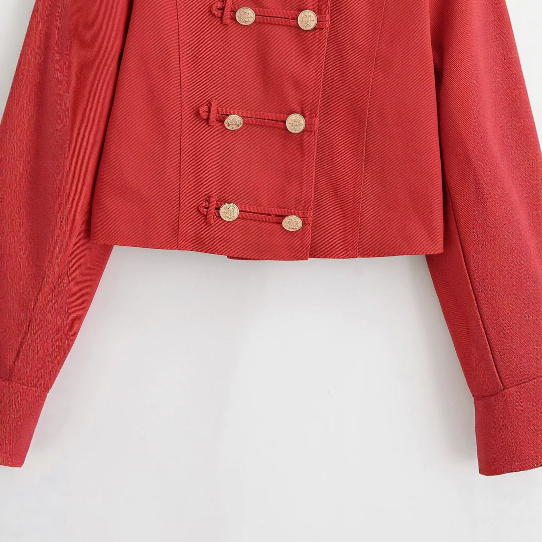 Damen Militärinspirierte Kurzjacke mit Stehkragen, Zierriegeln und goldenen Zierknöpfen Drune