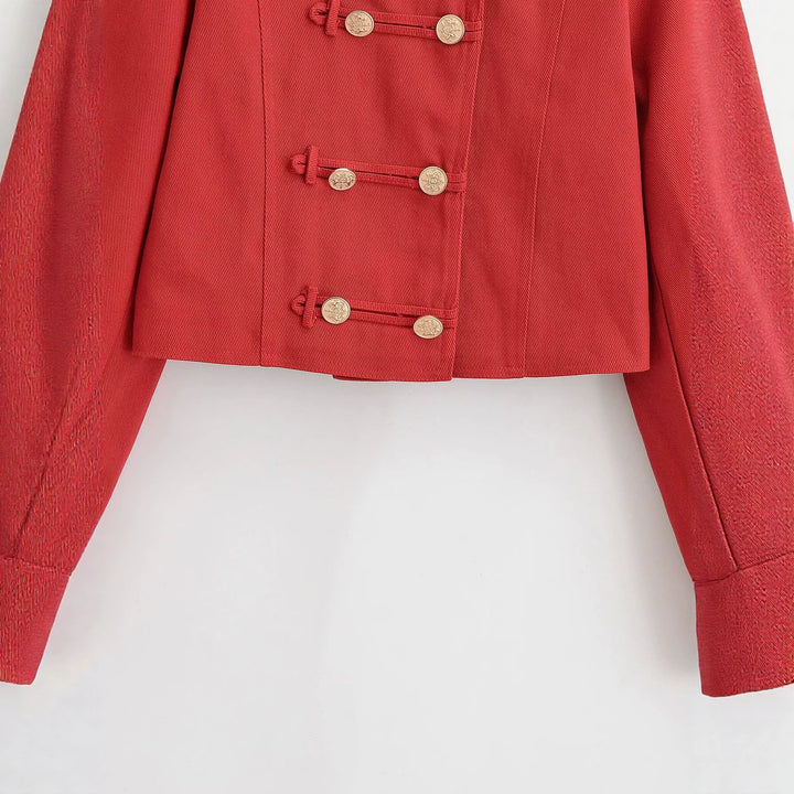 Damen Militärinspirierte Kurzjacke mit Stehkragen, Zierriegeln und goldenen Zierknöpfen Drune
