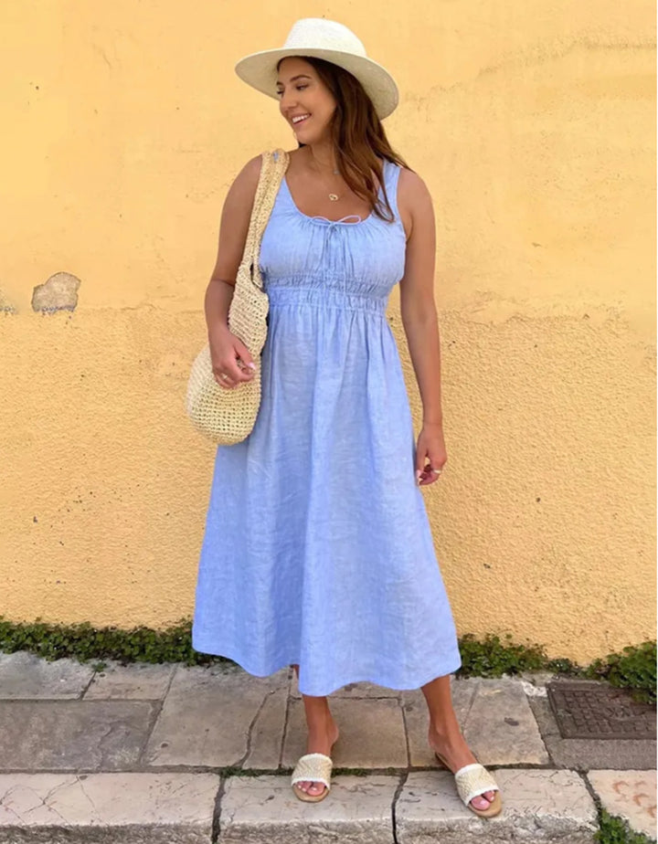 Damen nan midilanges Leinenoptik-Kleid mit Smokoberteil, elastischer Taillenpasse und breiten Trägern Drune