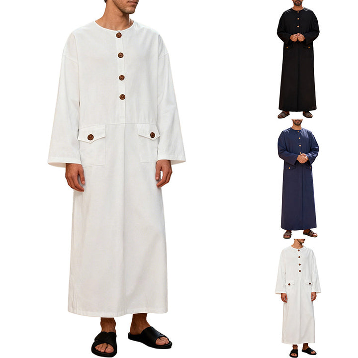 Herren nan langes minimalistisches Gewand mit Rundhalsausschnitt durchgehender Knopfleiste und aufgesetzten Pattentaschen Drune