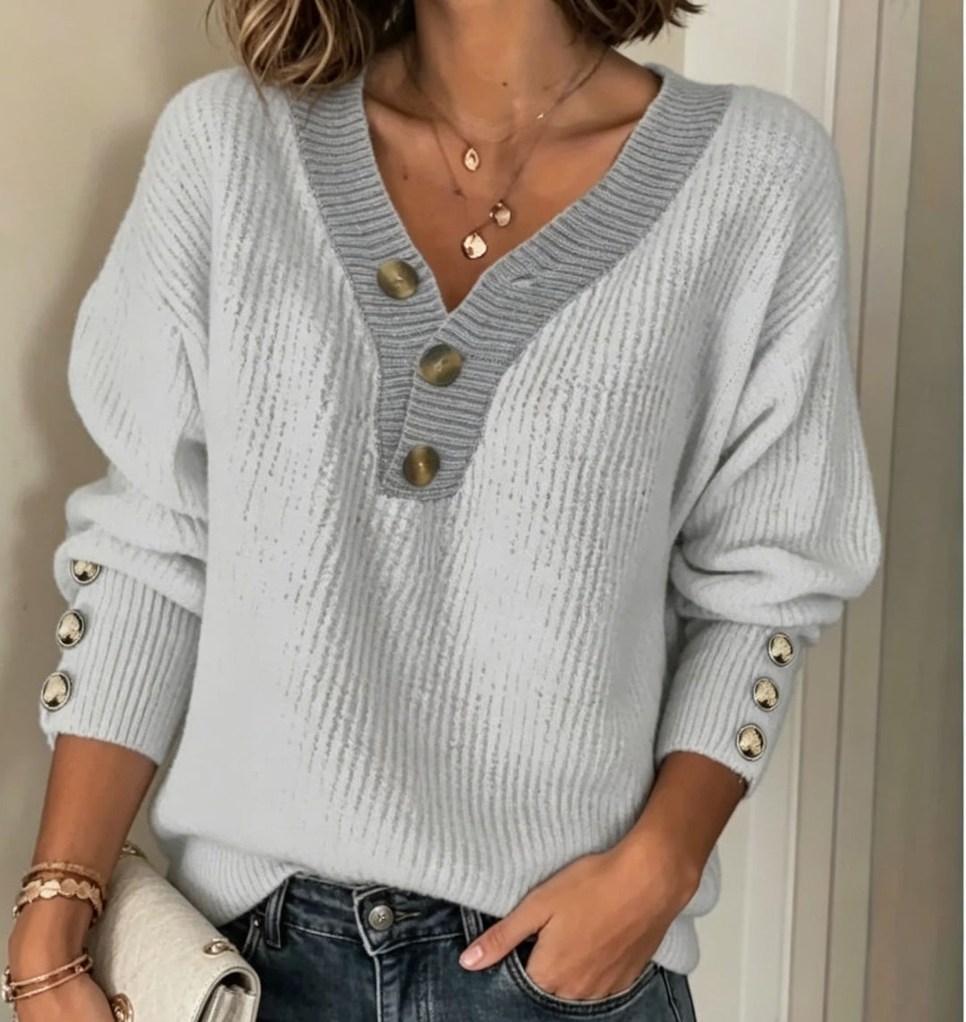 Damen Feinstrickpullover mit tiefem V-Ausschnitt, kontrastierter Knopfleiste und Zierknopf-Ärmeln Drune