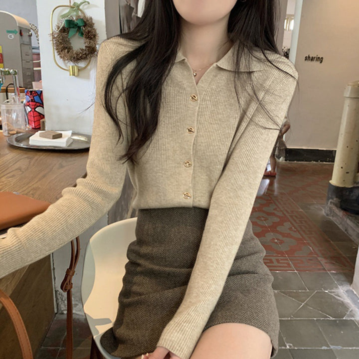 Damen Eleganter Strick-Pullover mit Knopfdetails und feinem Rippmuster Drune