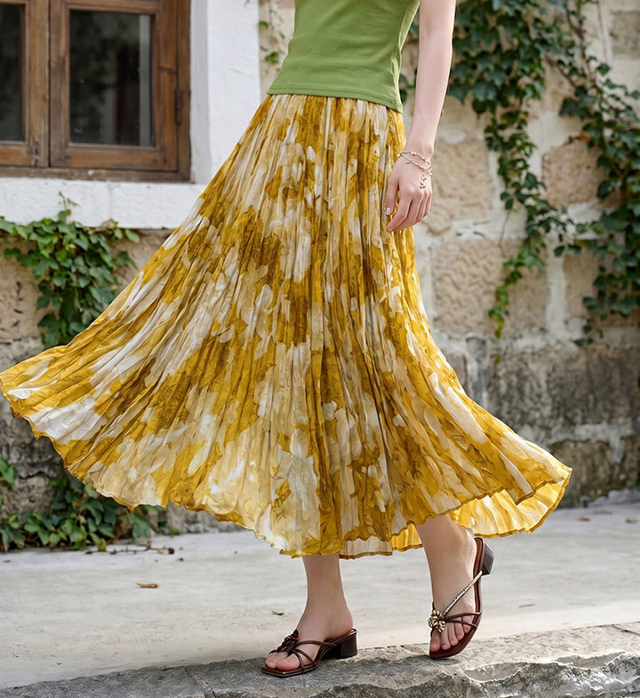 Damen nan fein gefalteter Midirock mit Vintage Blumenprint und elastischem Taillenbund Drune