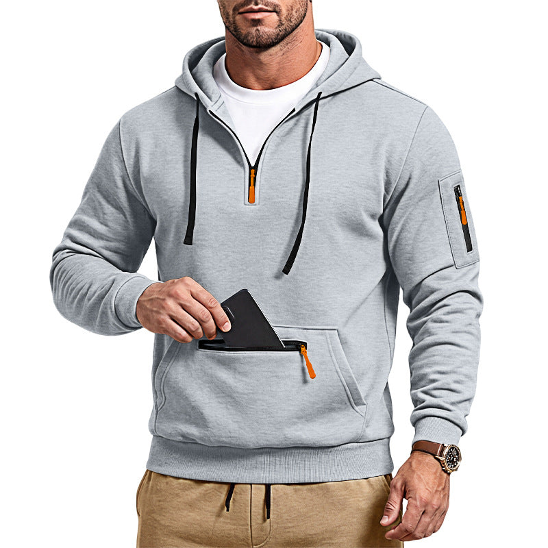 Herren sportlicher Kapuzenpullover mit halbem Reißverschluss und verschließbarer Kängurutasche Drune