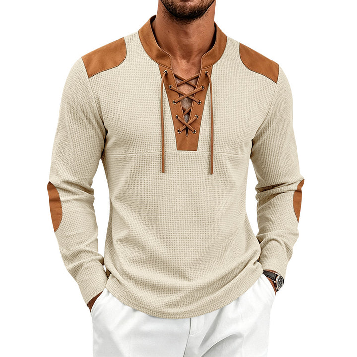 Herren Langarm-Waffelshirt mit Schnürkragen und Kunstlederapplikationen Drune