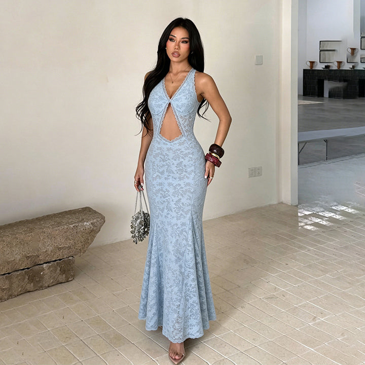 Damen Elegantes Maxikleid mit raffiniertem Schlüssel-Ausschnitt und trägerlosem Design Drune