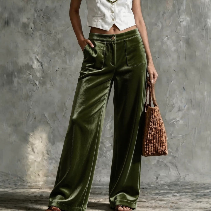 Damen Weite Samt-Palazzohose mit hoher Taille und aufgesetzten Taschen Drune