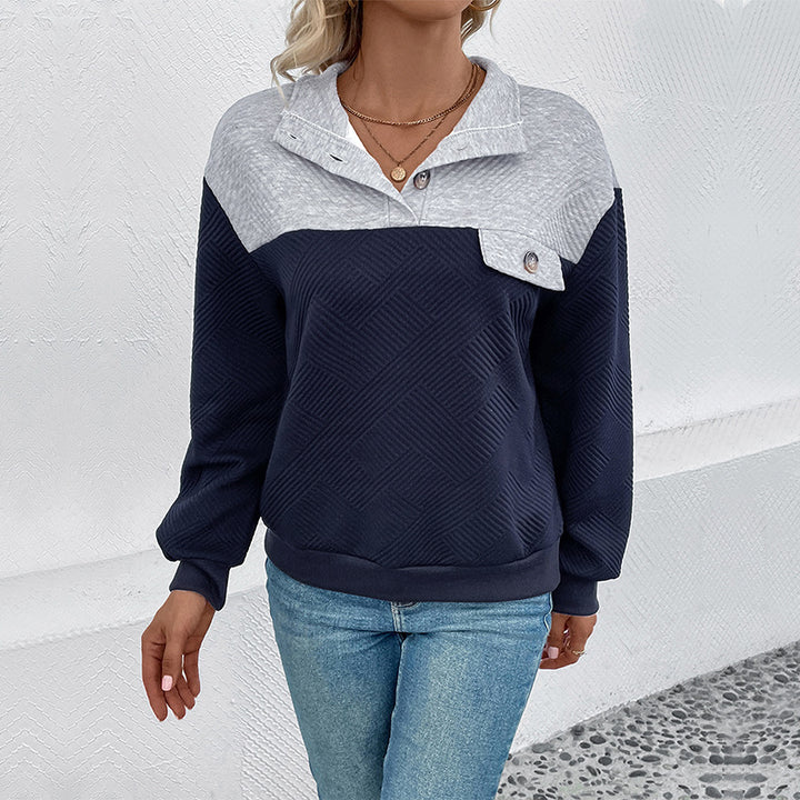 Damen Texturierter Colorblock-Sweatshirtpullover mit Hemdkragen, Knopfdetail und Strukturstrick Drune