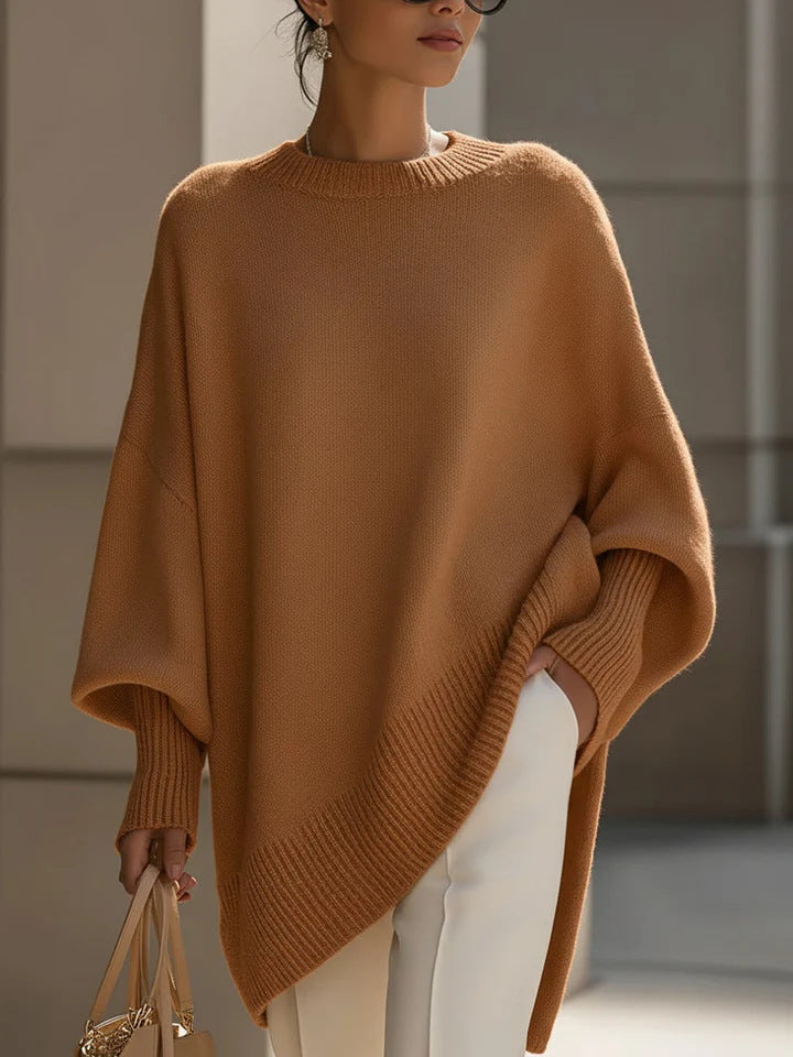 Damen nan Oversize Strickponcho mit asymmetrischem Saum und gerippten Ärmeln Drune