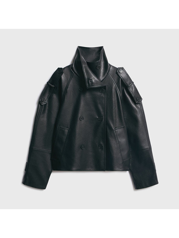 Damen Übergröße Kunstlederjacke mit asymmetrischem Revers Drune