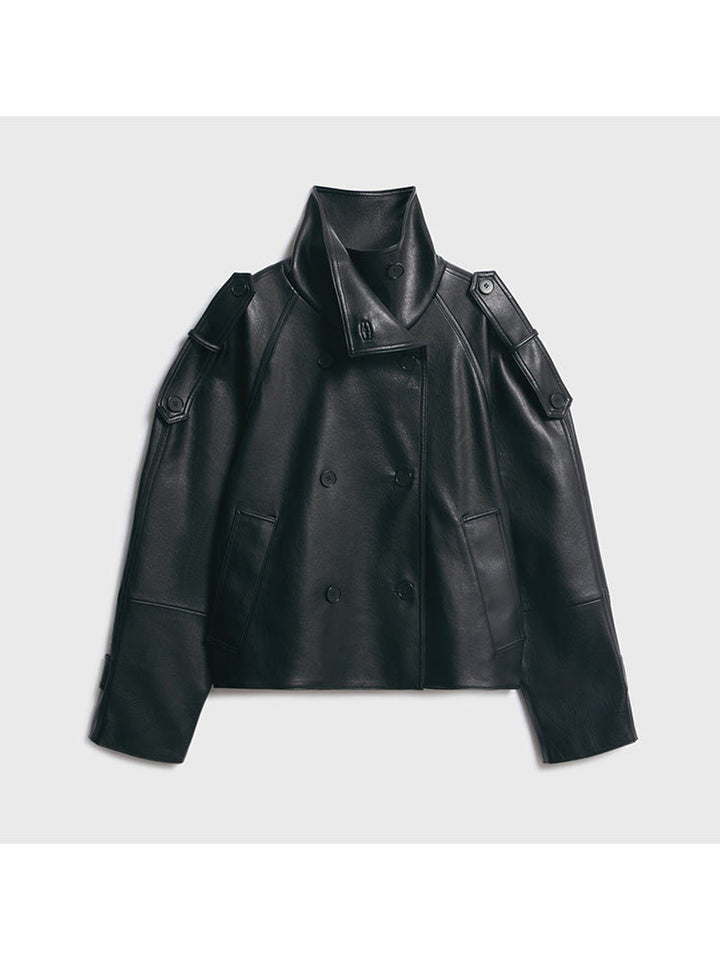 Damen Übergröße Kunstlederjacke mit asymmetrischem Revers Drune