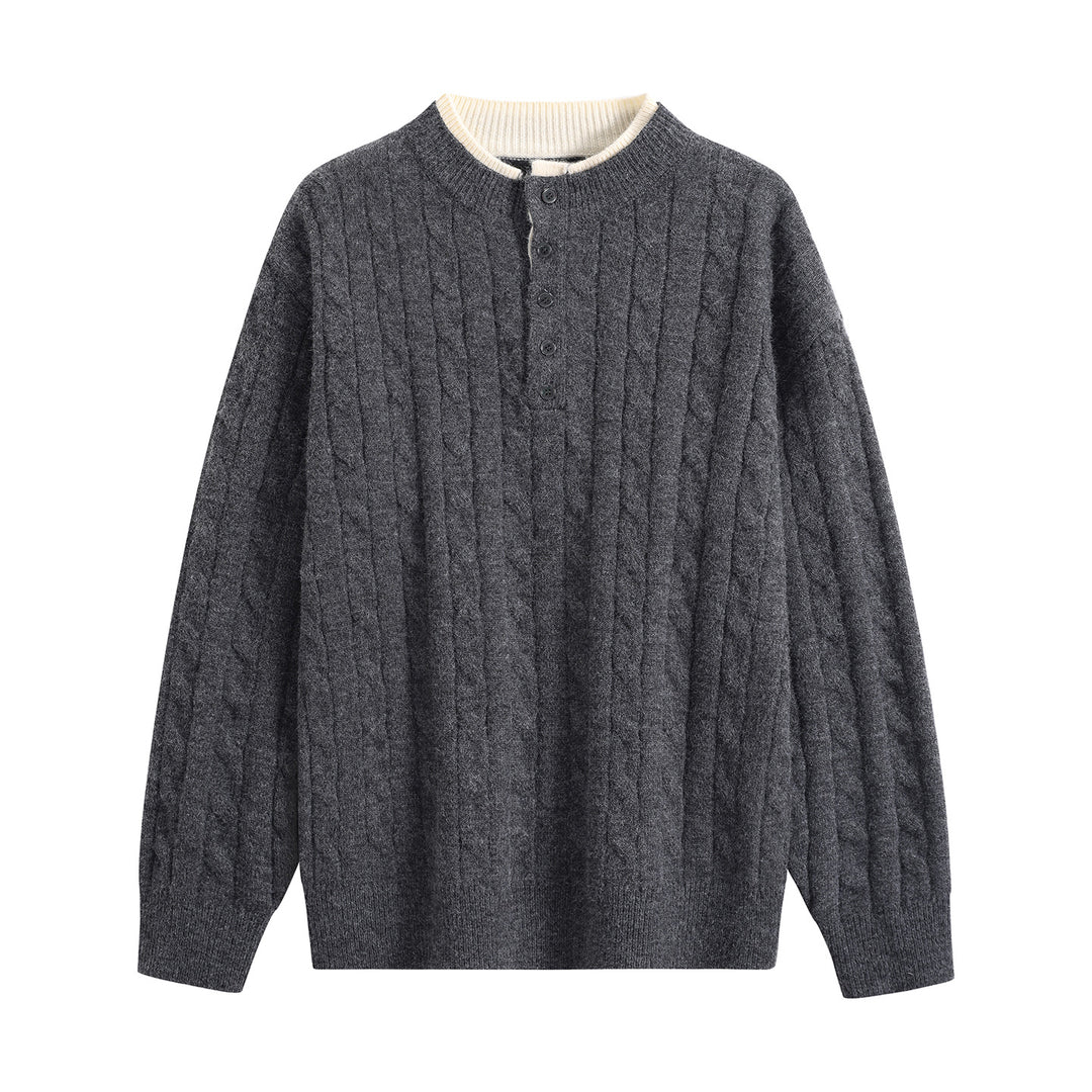 Unisex Oversize Zopfstrick-Henley-Pullover mit Knopfleiste und geripptem Saum Drune