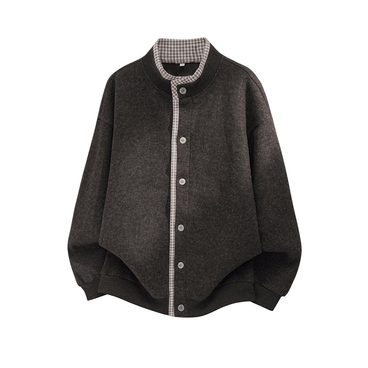 Unisex Oversize Hemdblousonjacke aus Wollmix mit Knopfleiste und kariertem Innenkragen Drune