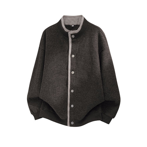 Unisex Oversize Hemdblousonjacke aus Wollmix mit Knopfleiste und kariertem Innenkragen Drune