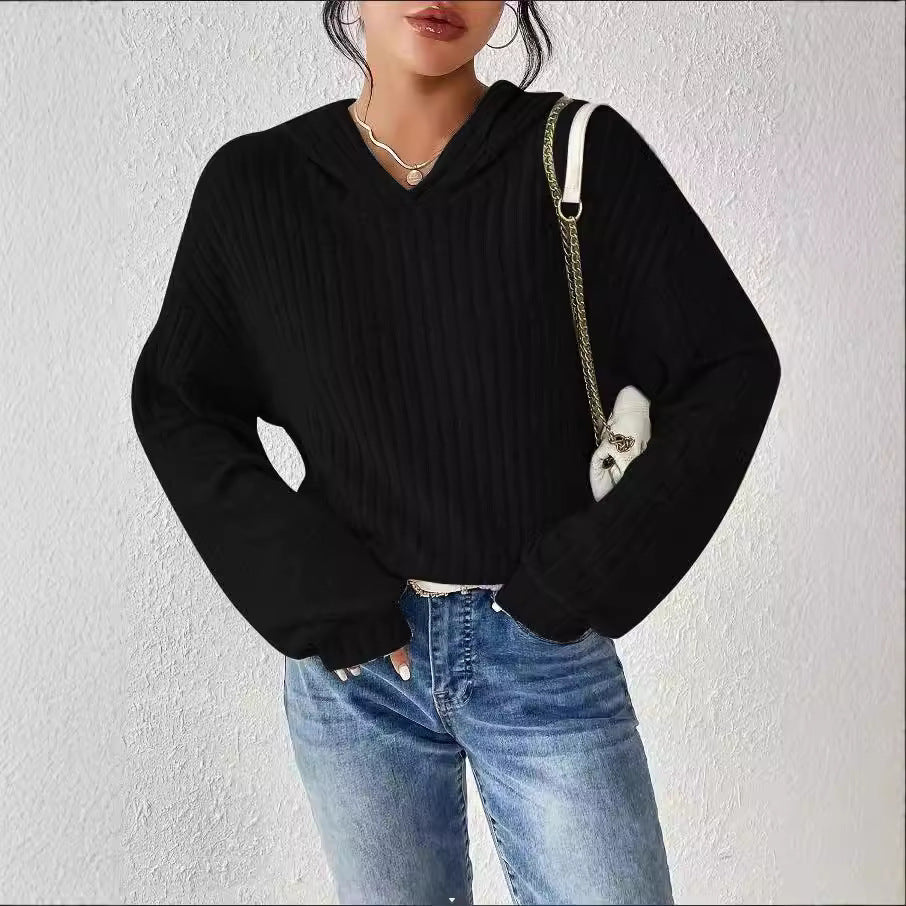 Damen Gerippter Hoodie-Pullover mit Kapuze und legerer Cropped-Silhouette Drune
