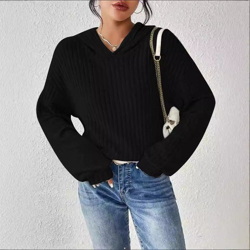Damen Gerippter Hoodie-Pullover mit Kapuze und legerer Cropped-Silhouette Drune
