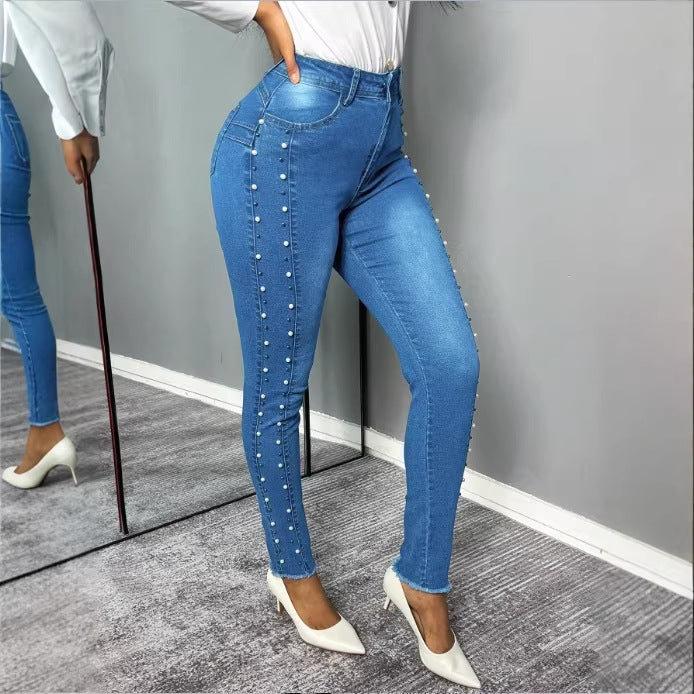 Damen Figurformende hochtaillierte Skinny-Jeans mit seitlicher Perlenzier Drune