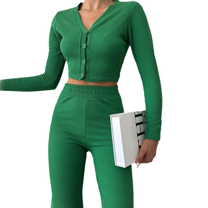 Damen modisches Cropped-Set mit langärmligem Oberteil und weiter Hose Drune