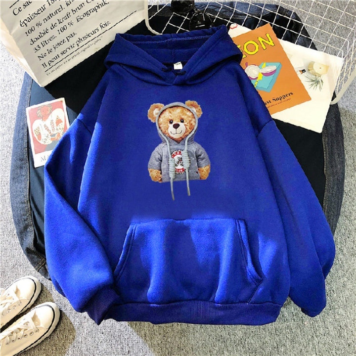 Unisex nan lässiger Oversize Kapuzenpullover mit Teddy-Frontprint, Kängurutasche und weichem Fleece-Innenfutter Drune