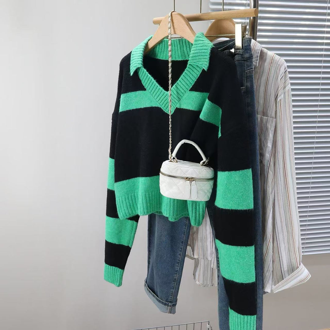 Damen Strickpullover mit tiefem V-Ausschnitt und gestreiftem Design Drune