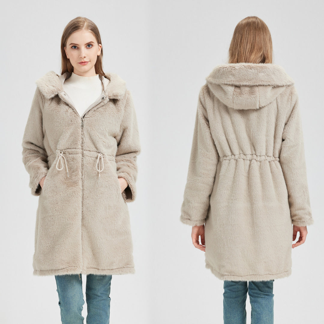 Damen nan langer Parka mit abnehmbarer Kunstfellkapuze und taillenverstellendem Kordelzug Drune
