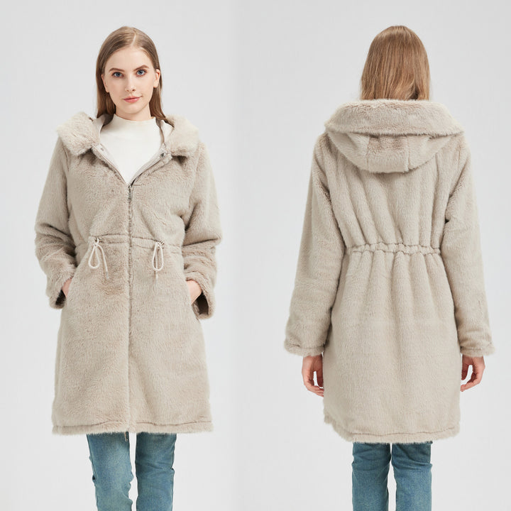 Damen nan langer Parka mit abnehmbarer Kunstfellkapuze und taillenverstellendem Kordelzug Drune
