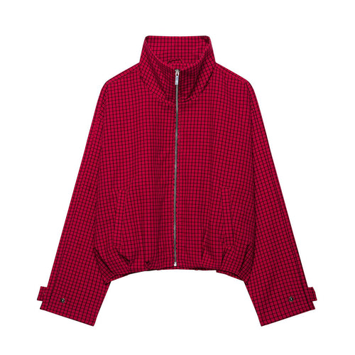 Damen Cropped Übergangsjacke mit hohem Stehkragen, Karomuster und elastischem Saum Drune