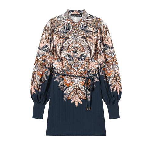 Damen Boho-Tunika‑Midikleid mit Paisley‑Print, Ballonärmeln und Tunnelzug Drune