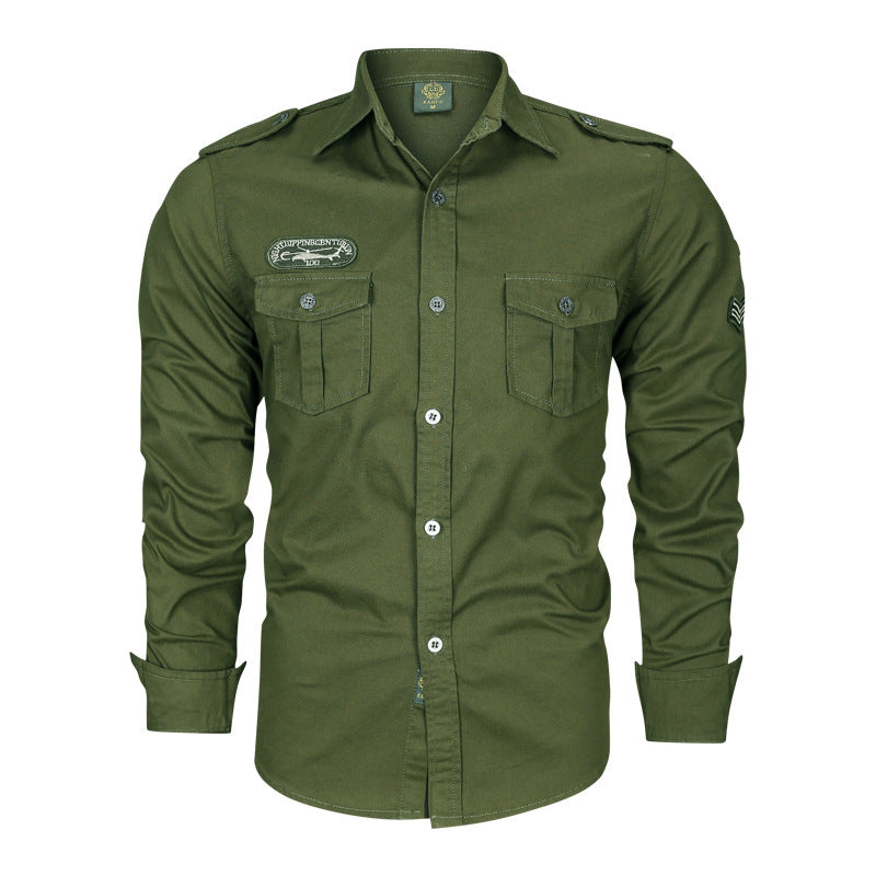 Herren nan tailliertes Fieldhemd aus Baumwoll-Twill mit Schulterklappen, Brustpatten und gestickten Abzeichen Drune