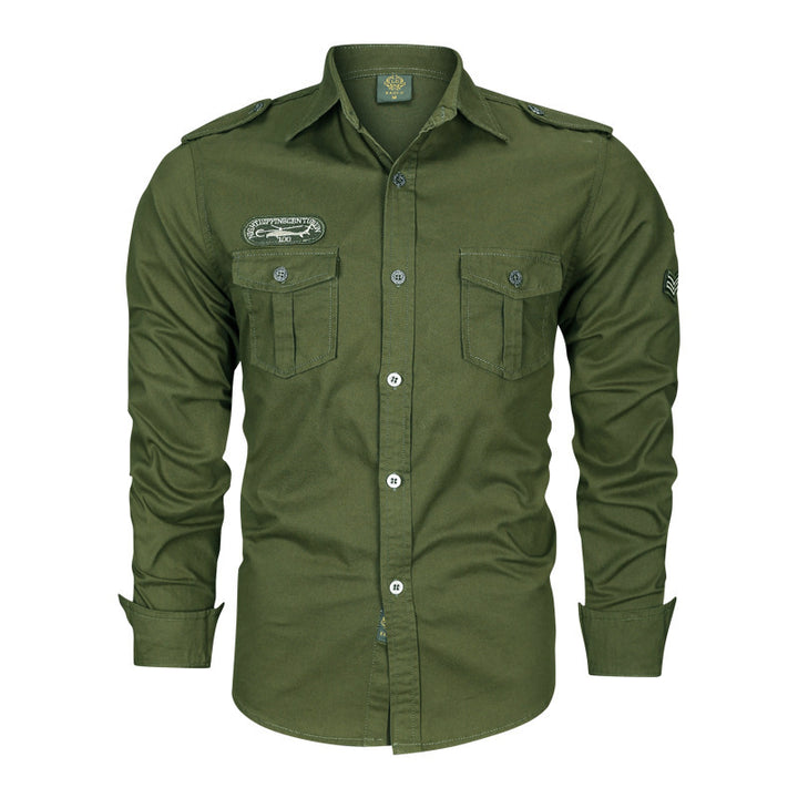 Herren nan tailliertes Fieldhemd aus Baumwoll-Twill mit Schulterklappen, Brustpatten und gestickten Abzeichen Drune