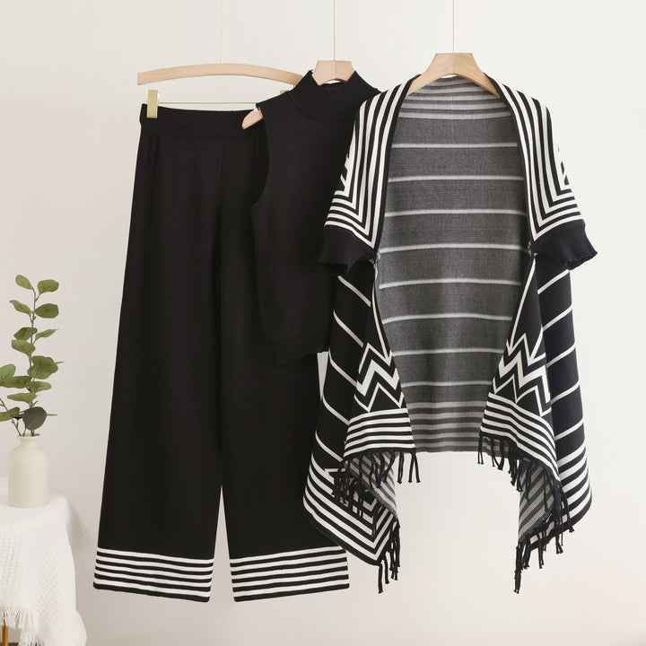 Damen elegantes Strick-Kombinationsset mit hochgeschlossenem Oberteil und weiten Hosen Drune