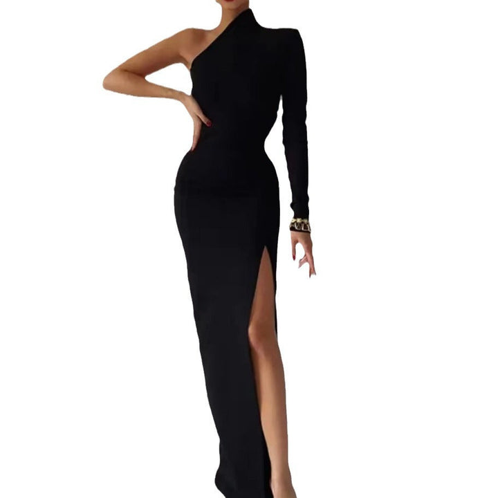 Damen Elegantes asymmetrisches Abendkleid mit hohem Schlitz und langem Arm Drune