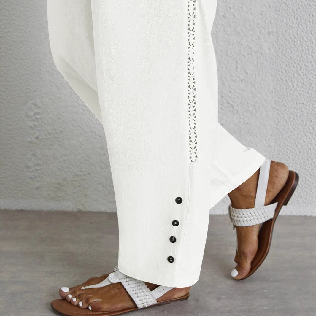 Damen Leichte Palazzo-Hose mit Gummibund, Tunnelzug und Zierknopf-Detail Drune