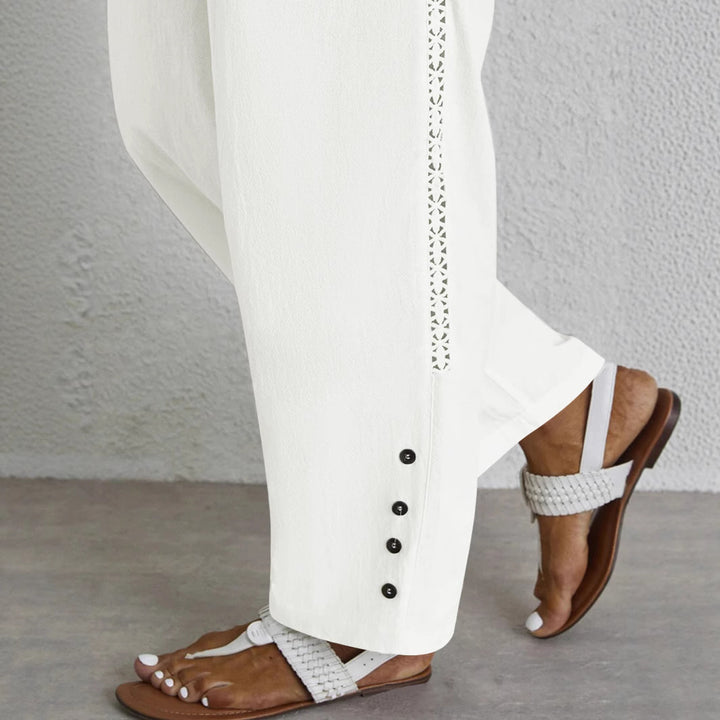 Damen Leichte Palazzo-Hose mit Gummibund, Tunnelzug und Zierknopf-Detail Drune