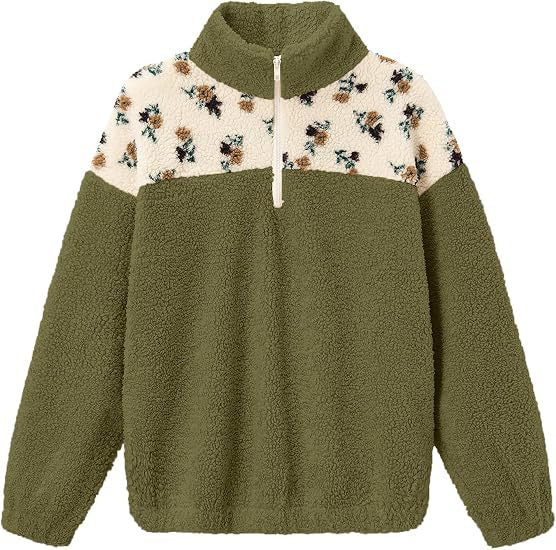 Damen Teddy-Fleece-Pullover mit Stehkragen, floralem Besatz und halbem Reißverschluss Drune