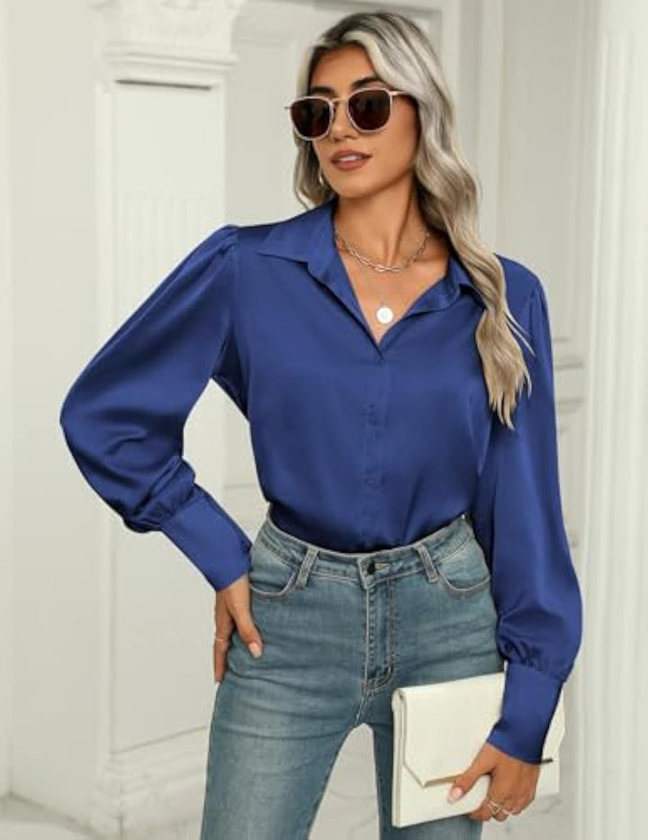 Damen Seidenoptik-Bluse mit Hemdkragen, verdeckter Knopfleiste und langen Manschetten Drune