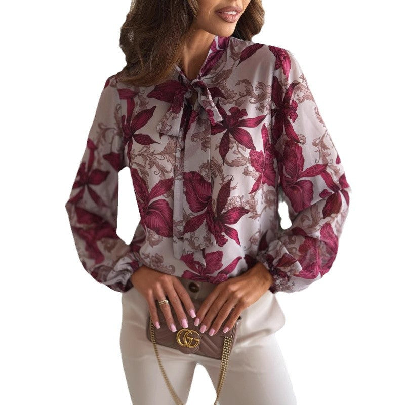 Damen elegante Bluse mit floralem Design und schickem Schleifenkragen Drune