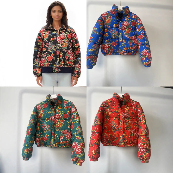 Damen Gesteppte Wattierte Kurzjacke mit floralem Alloverprint und Stehkragen Drune