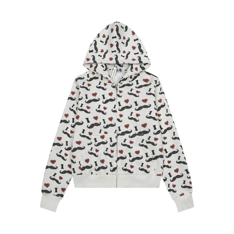 Damen Kurze Kapuzen‑Sweatjacke im Grafik-Print mit Rippbündchen und Kängurutaschen Drune