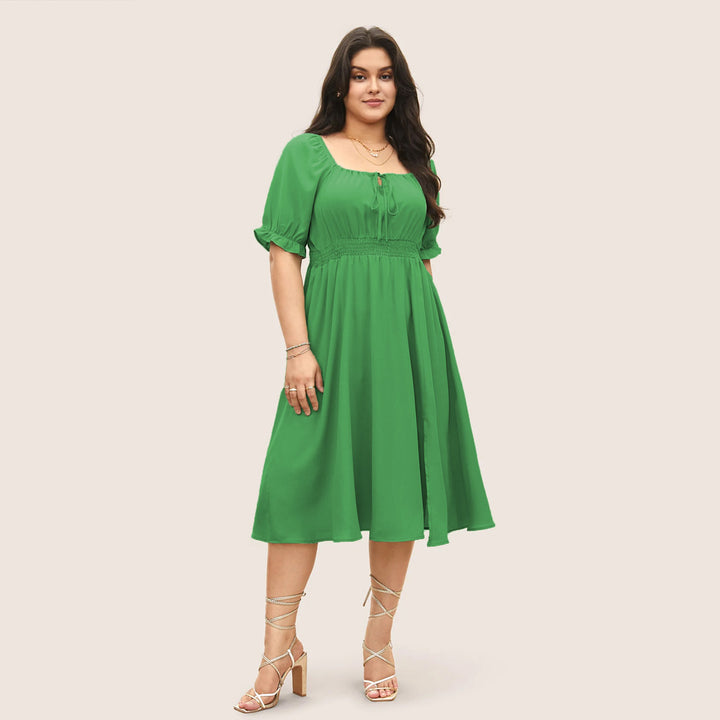 Damen Midi-Kleid mit Puffärmeln und elastischem Taillenbund Drune