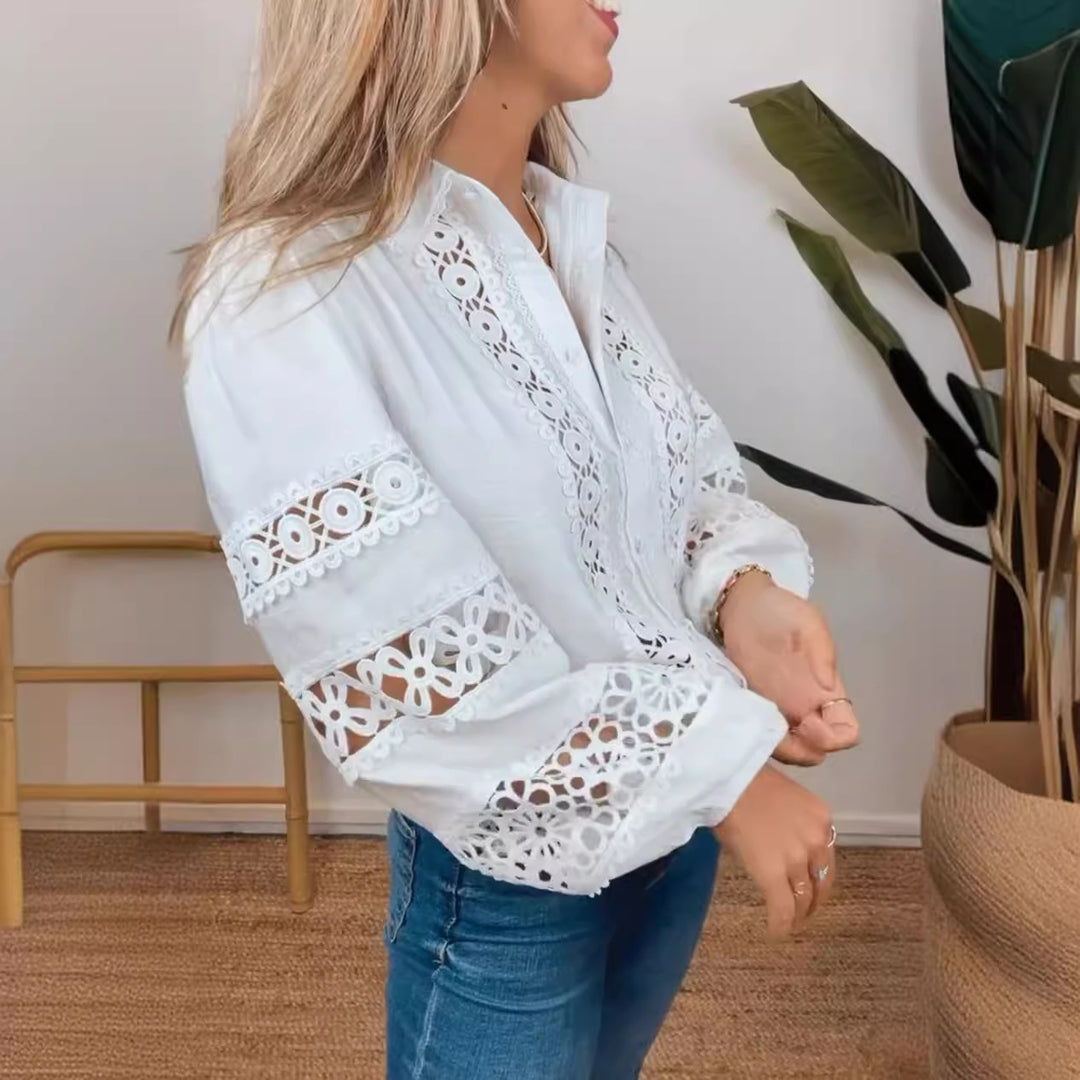 Damen nan Häkelspitzen-Hemdbluse mit V-Ausschnitt, durchbrochener Stickerei und Ballonärmeln Drune