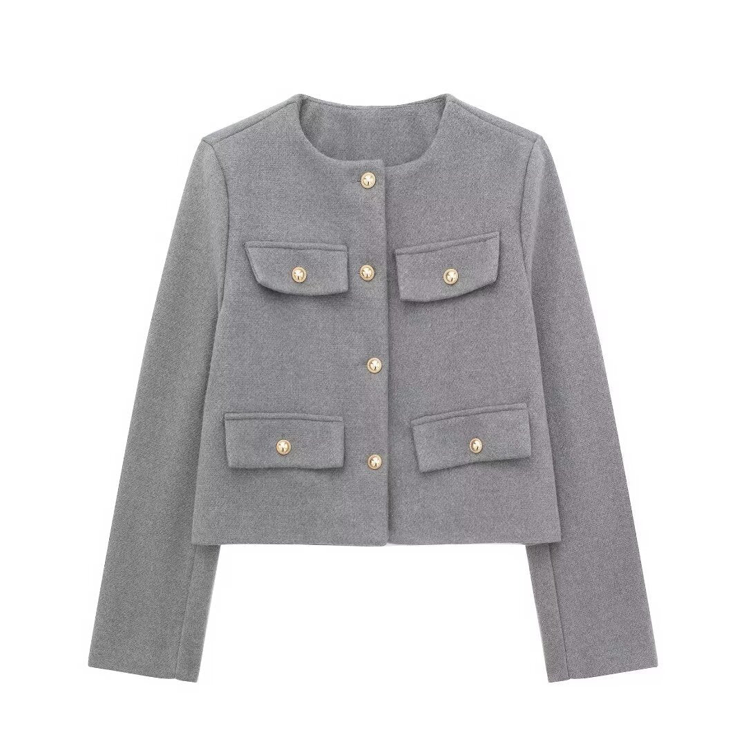 Damen Bouclé-Cropped-Jacke mit vier Pattentaschen und goldenen Schmuckknöpfen Drune