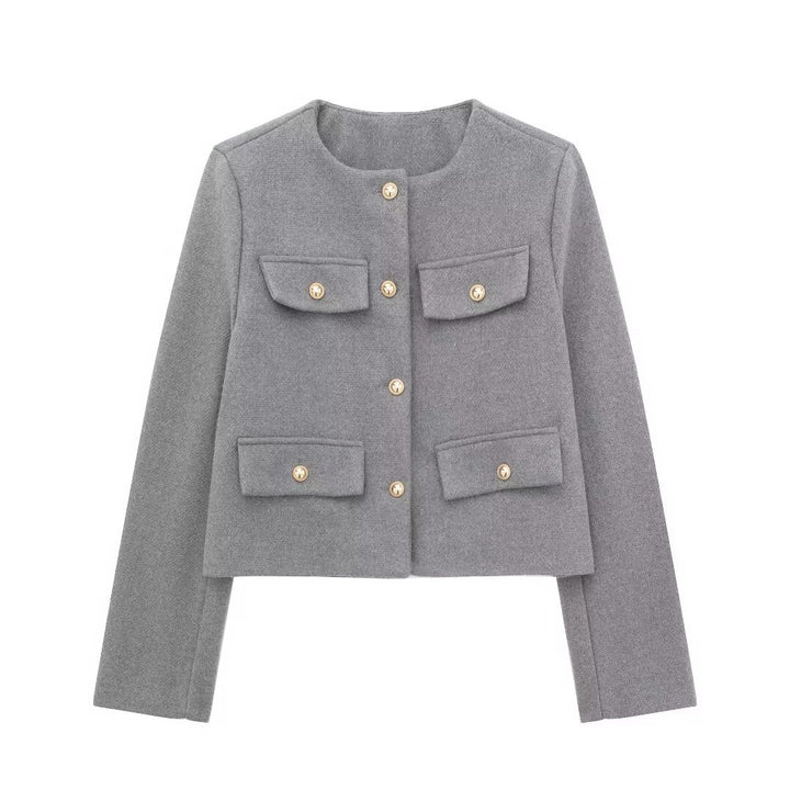 Damen Bouclé-Cropped-Jacke mit vier Pattentaschen und goldenen Schmuckknöpfen Drune