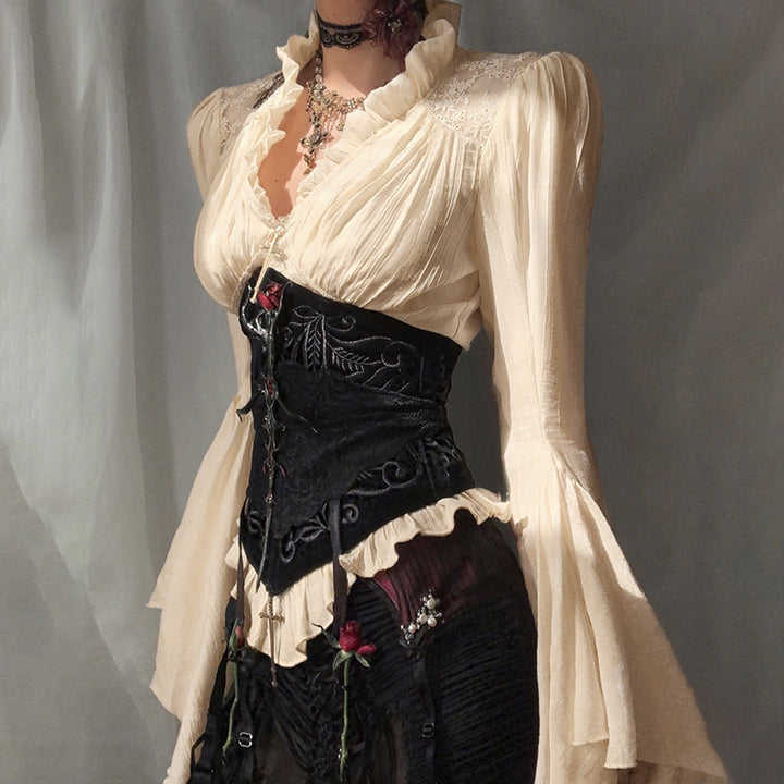 Damen figurbetonte Bluse mit Rüschendetails und Schnürung Drune